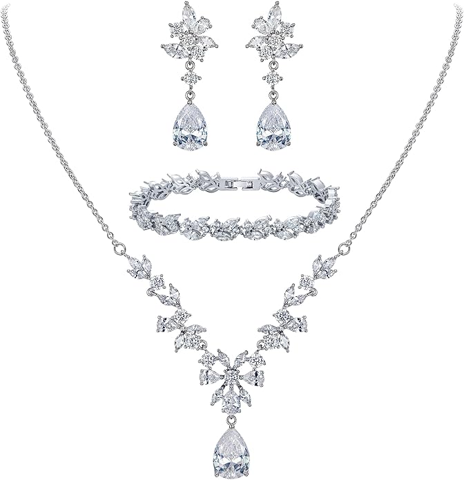 EleQueen Women's Wedding Bridal Jewelry Set for Brides Bridesmaids, Silver/14K Gold/Rose Gold Plated Cubic Zirconia Teardrop Necklace Dangle Earrings Bracelet Sets for Party Prom
