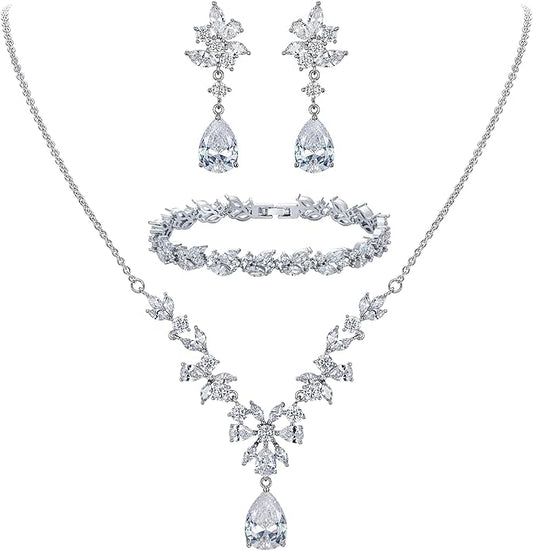 EleQueen Women's Wedding Bridal Jewelry Set for Brides Bridesmaids, Silver/14K Gold/Rose Gold Plated Cubic Zirconia Teardrop Necklace Dangle Earrings Bracelet Sets for Party Prom