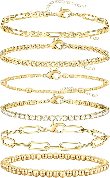 adoyi Gold Bracelets for Women, 14K Gold Plated Stackable Bracelet Stack Set Adjustable Charm Paperclip Chain Cuban Link Layered Waterproof Jewelry Sets Gifts for Womens 6.0/6.8/7.2"