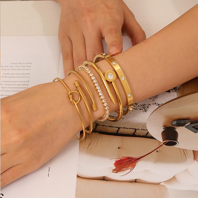 FAFUGA 18 K Gold Plated Love Bangle Bracelet Stack Cuff Jewelry for Women Jewelry Set for Women Gift with Box