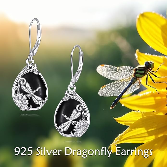 Dragonfly/Filigree Boho Black Onyx Earrings 925 Sterling Silver Black Onyx Dangle Drop Earrings Jewelry Gift for Women