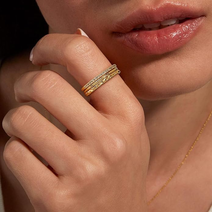 Stackable Gold Rings for Women Non Tarnish Dainty 14K Gold Plated 3PCS Cubic Zirconia Thumb Ring Set Trendy Statement Promise Wedding Bands Engagement Rings Size 6 7 8 9 10