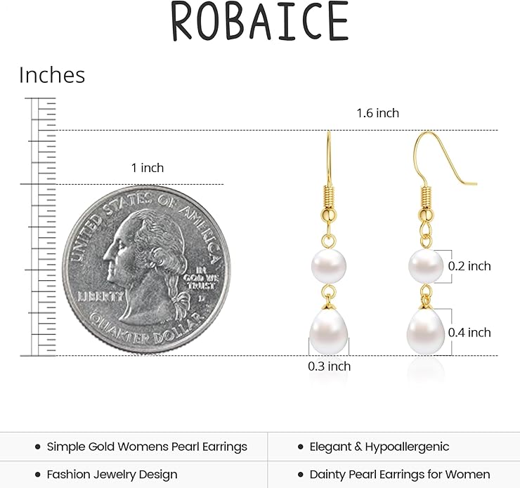 14K Gold Plated Pearl Dangle Earrings for Women, Small Pearl Drop Huggie Hoop Earrings, Hypoallergenic Dainty Gold Wedding Earrings Jewelry Gifts for Women Trendy