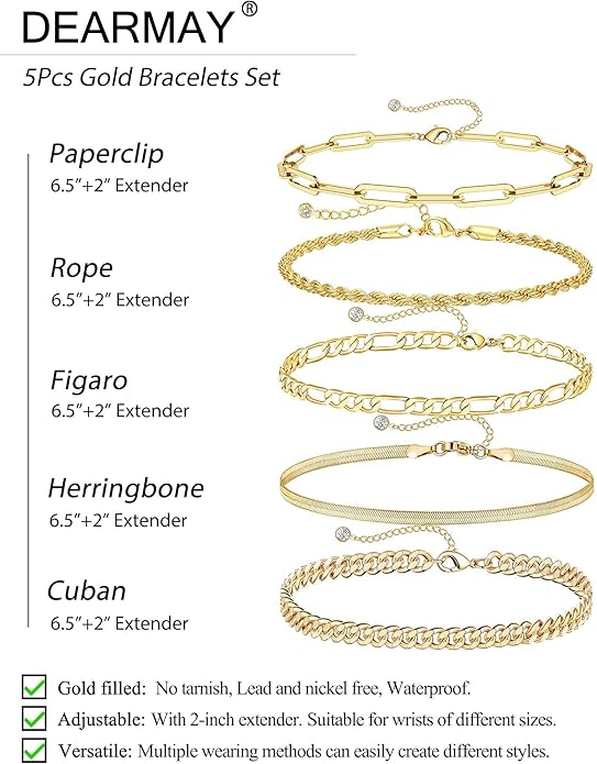 DEARMAY 14K Gold Plated Bracelets for Women Waterproof, Jewelry Sets Trendy Thin Dainty Stackable Cuban Link Paperclip Chain Bracelet Pack Fashion Accessories Gifts for Womens