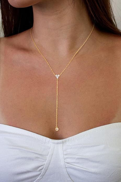 Lariat Gold Necklaces for Women Trendy Dainty Long Necklace 14k Gold Plated/Silver Layered Drop Beaded Chain Necklaces Y-shaped Pendant Necklace Simple Gold Jewelry Gifts