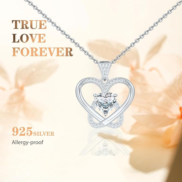 Infinity Necklace for Women, 925 Sterling Silver Heart Necklace with 5A Zircon, White Gold Plated Adjustable Chain, Gift for Valentine's Day, Birthday, Anniversary for Wife, Girlfriend, Mom