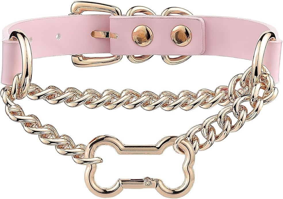 Black/Pink Leather Choker Collar For Women, Handmade Gothic Slip Chain Necklace with Bone Clasp