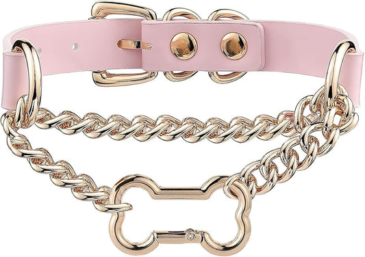 Black/Pink Leather Choker Collar For Women, Handmade Gothic Slip Chain Necklace with Bone Clasp