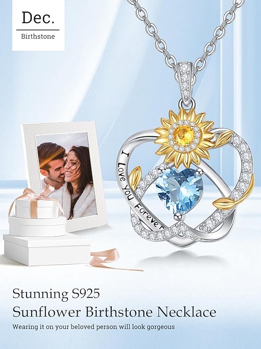 Zeuslia Double Birthstone Necklace Gifts for Wife - 925 Sterling Silver Sunflower/Rose/Crown Cross/Compass/Heart Pendant I Love You Necklace, Anniversary Birthday Gifts for Wife Girlfriend Mom Her