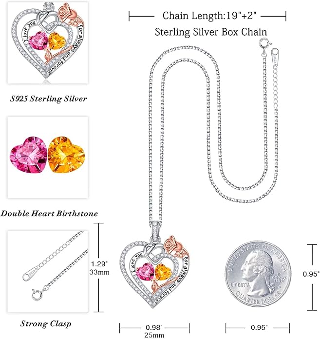 Iefil Rose Heart Necklace Gifts for Wife Women - 925 Sterling Silver Double Birthstone Necklace, Anniversary Birthday Gifts for Women, Jewelry Gift for Wife Girlfriend Mom Her