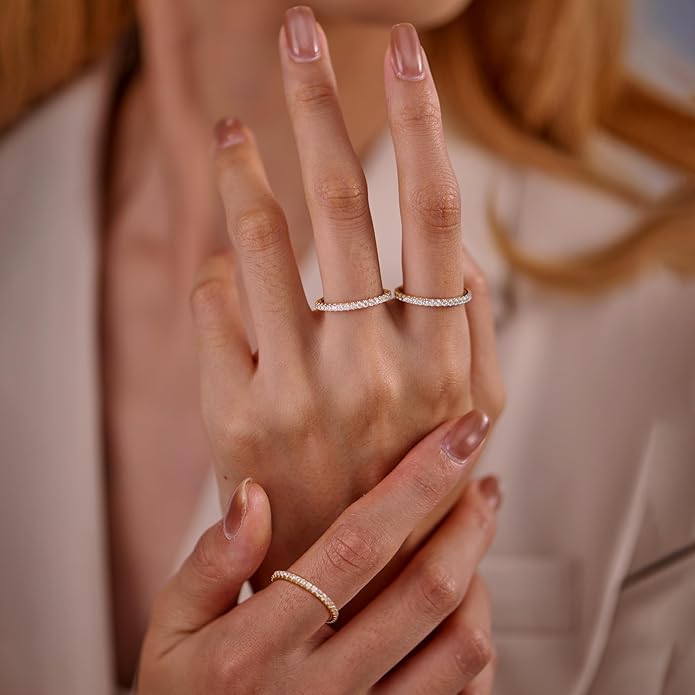 14K Gold Plated CZ Simulated Diamond Eternity Band Rings Set of 3,Thin Stackable Rings for Women,2mm Fashion Gold Stacking Bands for Daily Wear,Promise,Wedding, jewelry Gift for Wife Girlfriend