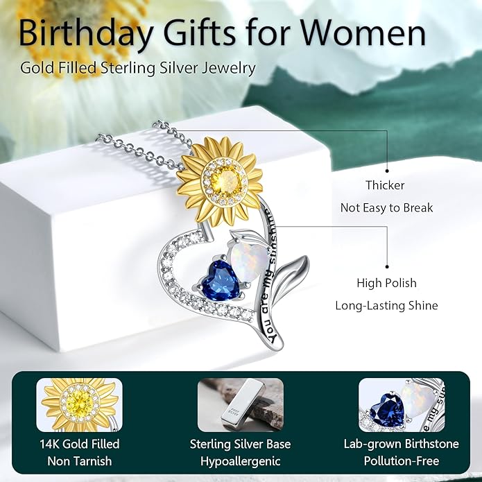 PERJI Valentine's Day Gifts for Women - 925 Sterling Silver Double Birthstone Sunflower Necklace, Anniversary Birthday Jewelry You are My Sunshine Gifts for Wife Couple Girlfriend 18"+2" Non Tarnish