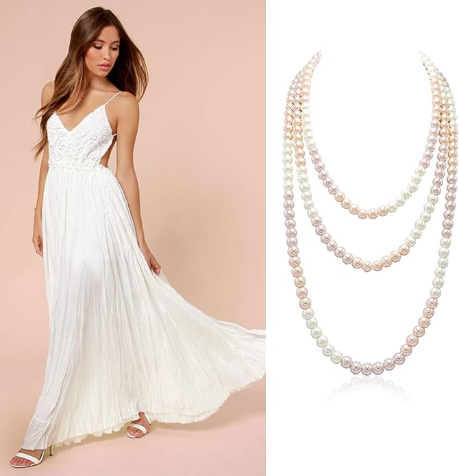 Long Pearl Necklaces for Women Cream White Faux Pearl Strand Layered Necklace Costume Jewelry