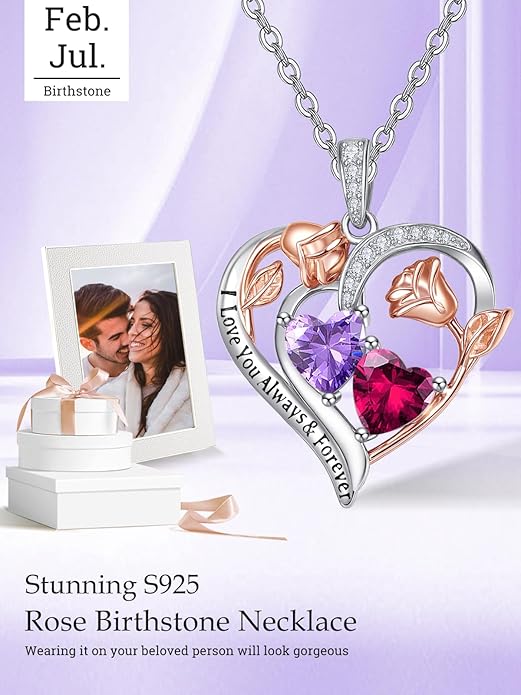 Zeuslia Double Birthstone Necklace Gifts for Wife - 925 Sterling Silver Sunflower/Rose/Crown Cross/Compass/Heart Pendant I Love You Necklace, Anniversary Birthday Gifts for Wife Girlfriend Mom Her