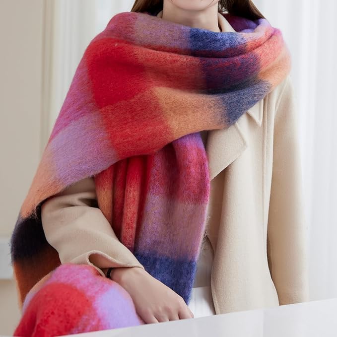 SHOHOKU Large Chunky Plaid Scarf Coloured Checked Oversized Scarf Tassel Soft Fall Winter Thick Warm Shawl Women