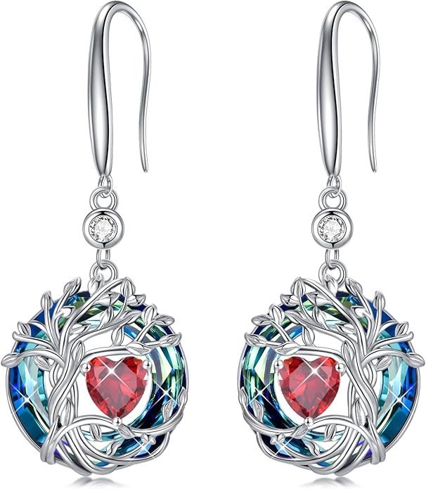 TOUPOP Tree of Life Birthstone Earrings for Women 925 Sterling Silver Family Tree Dangle Earrings Austrian Crystal Jewelry Birthday Christmas Gifts for Her Girlfriend Wife Mom