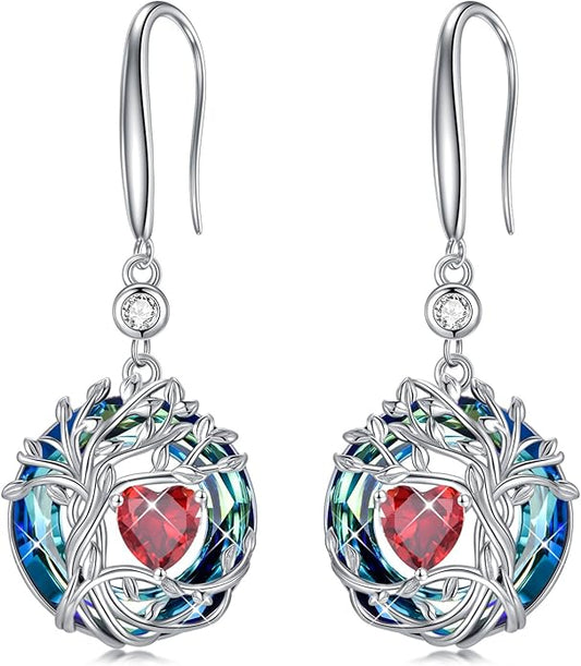 TOUPOP Tree of Life Birthstone Earrings for Women 925 Sterling Silver Family Tree Dangle Earrings Austrian Crystal Jewelry Birthday Christmas Gifts for Her Girlfriend Wife Mom