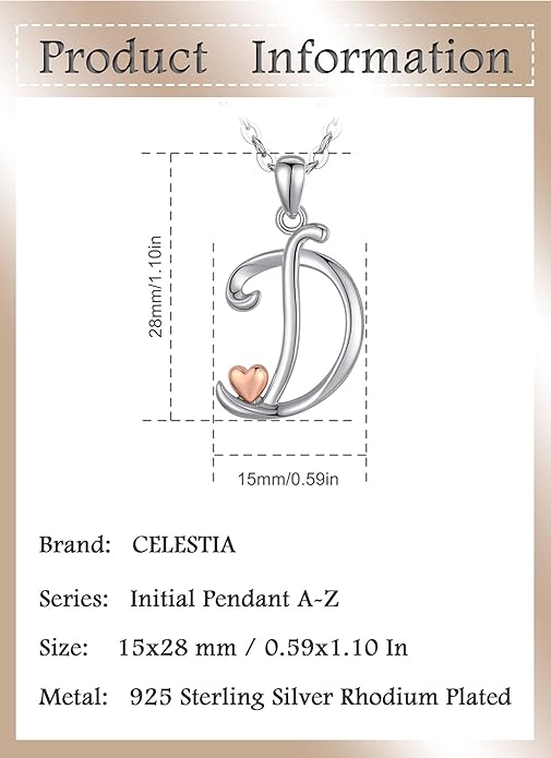 CELESTIA 925 Sterling Silver Initial Necklaces 26 Letter with Rose Gold Heart - 18 Inch Chain