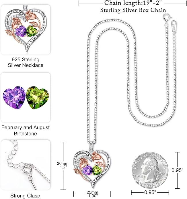 Iefil Birthstone Necklace for Women - 925 Sterling Silver Rose Heart Birthstone Necklace Birthday Anniversary Jewelry Gifts for Her Wife Mom Daughter