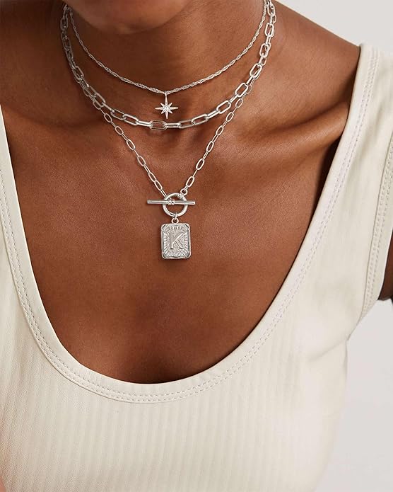 MJartoria Layered Initial Necklaces for Women Trendy, 14K Gold Plated Brass Simple Star Choker Square Letter Pendant Necklace, Paperclip Chain Necklaces Jewelry Gifts