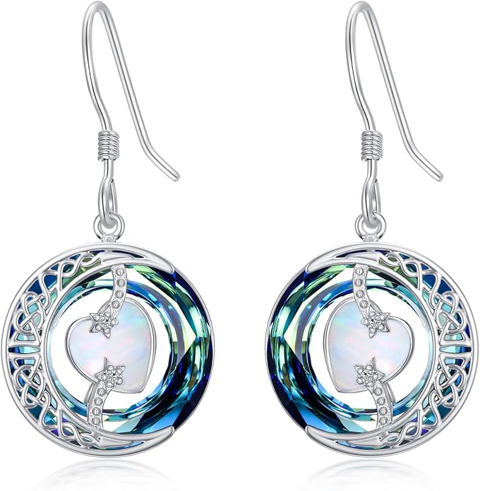 TOUPOP Birthstone Earrings for Women 925 Sterling Silver Moon and Star Dangle Earrings with Blue Crystal BirthdayJewelry Christmas Gifts for Women