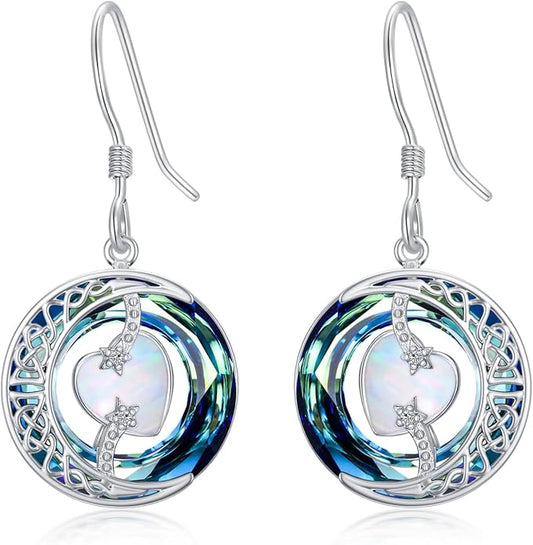TOUPOP Birthstone Earrings for Women 925 Sterling Silver Moon and Star Dangle Earrings with Blue Crystal BirthdayJewelry Christmas Gifts for Women