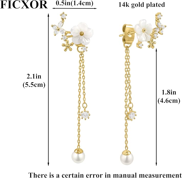 Gold Earrings for Women,Dainty 14k Gold Plated Pearl Drop Earring Dangle Pearl Dangling Earrings for Women Trendy Small Cute Wedding CZ Earring Long Chain Threader Prom Jewelry Gifts
