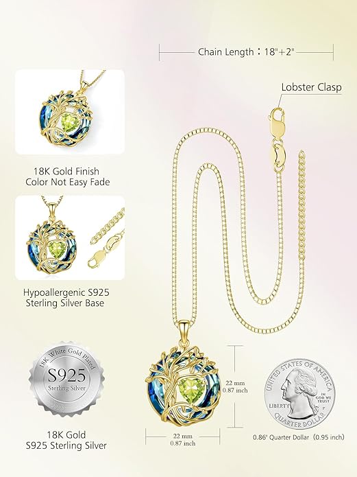TOUPOP Christmas Gifts Tree of Life Birthstone Necklace 925 Sterling Silver Pendant Austrian Crystal Jewelry Anniversary Birthday Gifts for Women Mom Her Wife