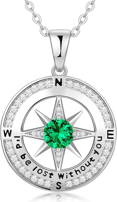 Zifeel Compass Necklace Gifts for Women wife - S925 Sterling Silver Birthstone Necklaces for Women - Anniversary Birthday Gifts for Her Wife Girlfriend - Valentines Mom Mothers Day Christmas Gifts Jewelry for Women