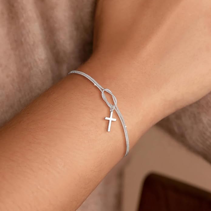 Moodear Christmas Gifts Sotcking Stuffers, Dainty 925 Sterling Silver/14k Gold Plated CZ Cross Bracelet Layered Snake Pearl Chain Knot Bracelets for Women Trendy Religious Christian Jewelry