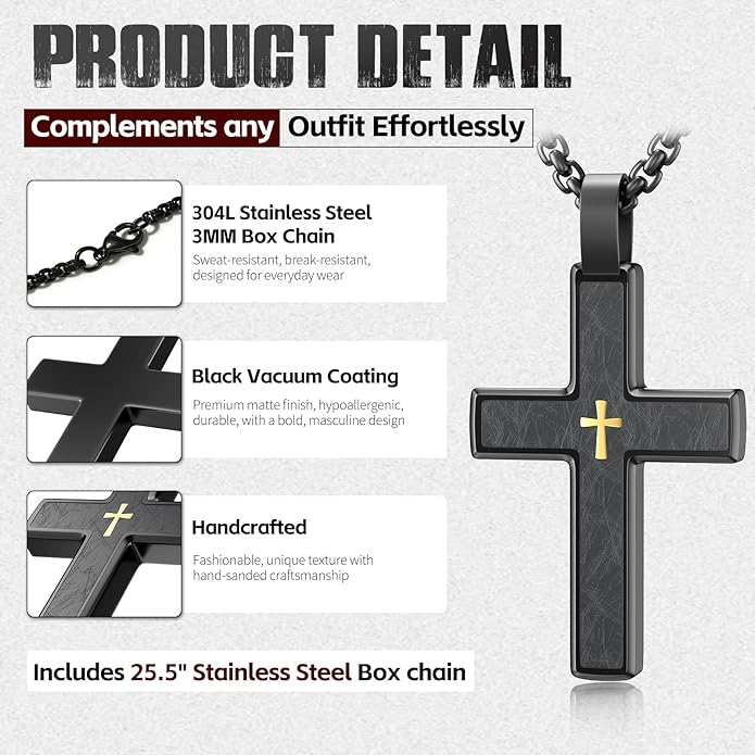 OOTDSE Cross Necklace for Men and Women 304L Stainless Steel Durable Snag-Free Box Chain Christian Jewelry Gift for Dad/Wife/Husband/Son/Loves/Friends on Easter/Birthday/Father's Day