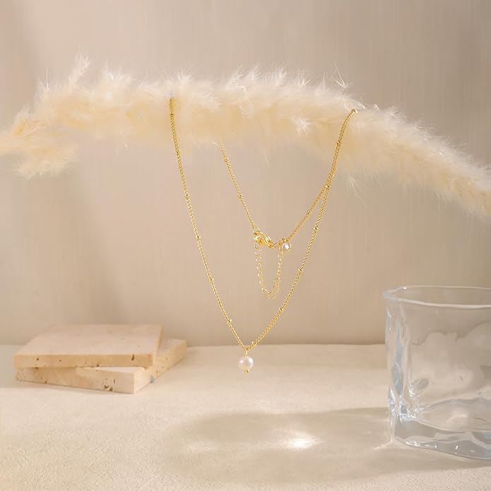 Pearl Necklace for Women Trendy,14k Gold Plated Necklace Dainty Wedding Necklace Small Cute Choker Necklace Beaded Lariat Drop Necklace Vintage Waterproof Jewelry for Women Gold Jewelry Fashion Gifts