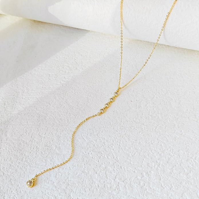 Lariat Silver/Gold Necklace for Women 925 Silver/14K Gold Plated Dainty Long Necklace Y-Shaped Drop Pendant Necklaces Choker Trendy Chain Simple Layered Necklaces CZ Jewelry for Women Set Gift