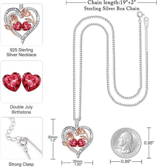 Iefil Birthstone Necklace for Women - 925 Sterling Silver Rose Heart Birthstone Necklace Birthday Anniversary Jewelry Gifts for Her Wife Mom Daughter