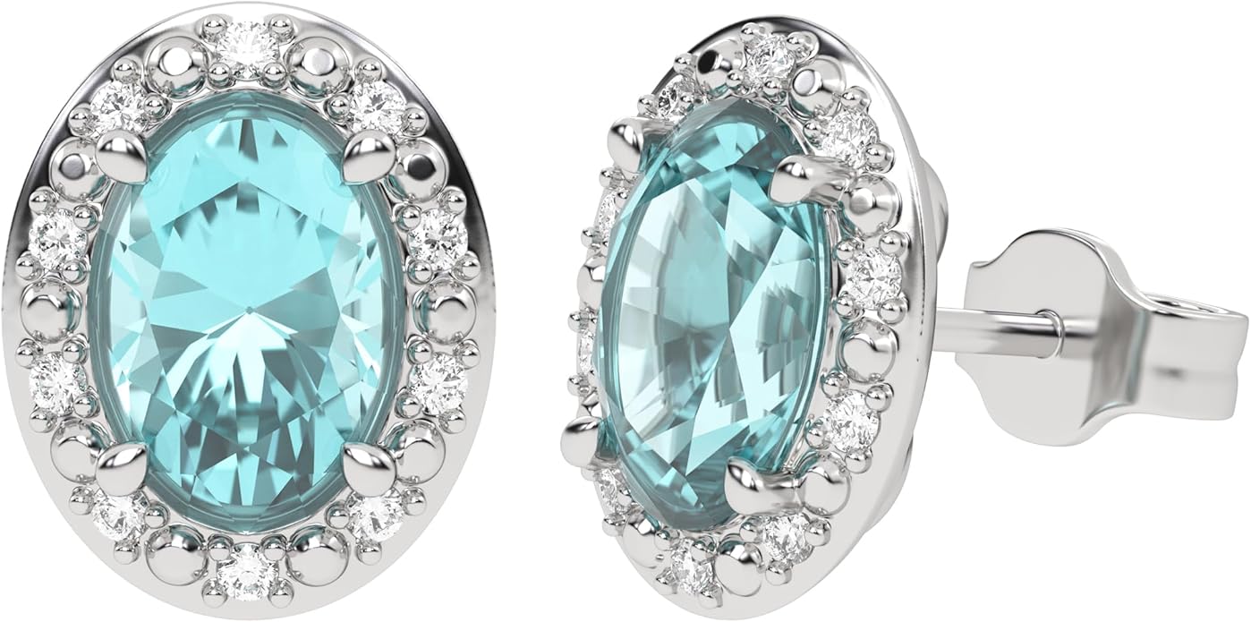 10K White Gold Oval Gemstone and Natural Round Diamonds Stud Earrings for Women - Hypoallergenic Trendy Ladies Earrings for Women - Jewelry Gifts for Wife