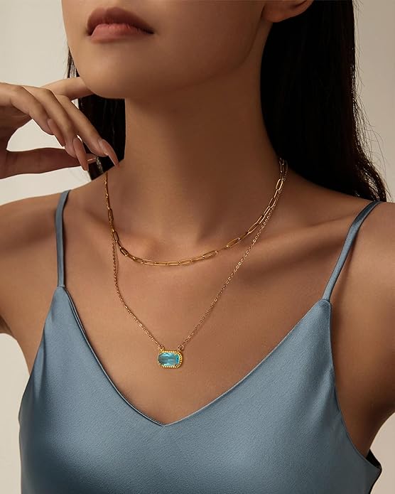Lourny Gemstone Birthstone Pendant Layered Necklace for Women Trendy, 18K Gold Plated Paperclip Chain Preppy Choker Charm Necklace for Women Wife Jewelry