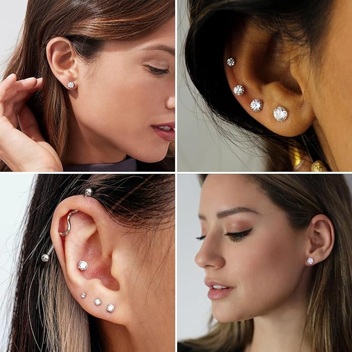 6 Pairs Stud Earrings Set, Hypoallergenic Cubic Zirconia Earrings 316L Stainless Steel CZ Earrings 3-8mm