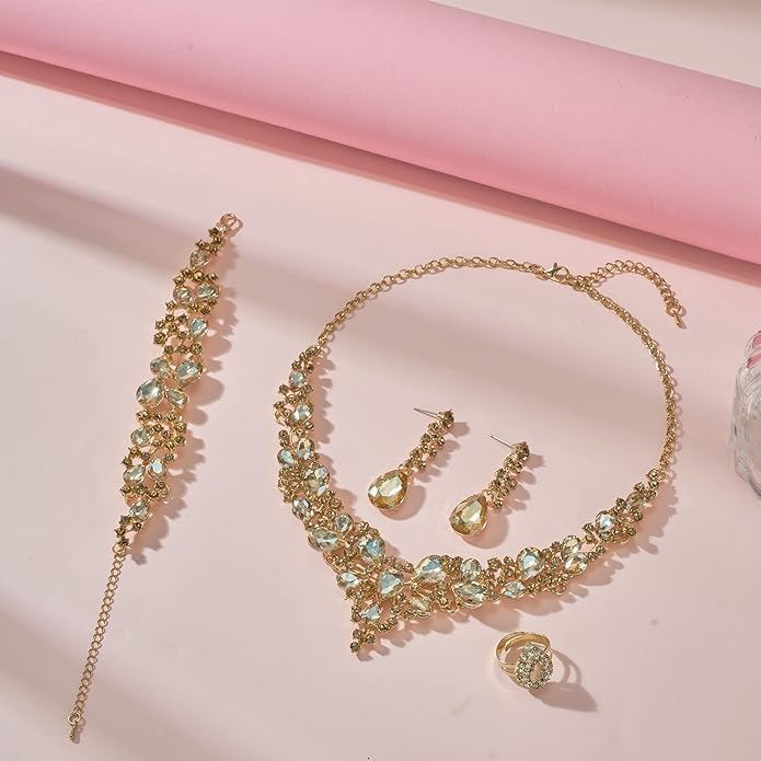 Paxuan Crystal Bridal Wedding Jewelry Sets for Women Rhinestone Teardrop Crystal Statement Choker Necklace Drop Earrings Link Bracelets Rings Teardrop Jewelry Set for Brides Bridesmaids