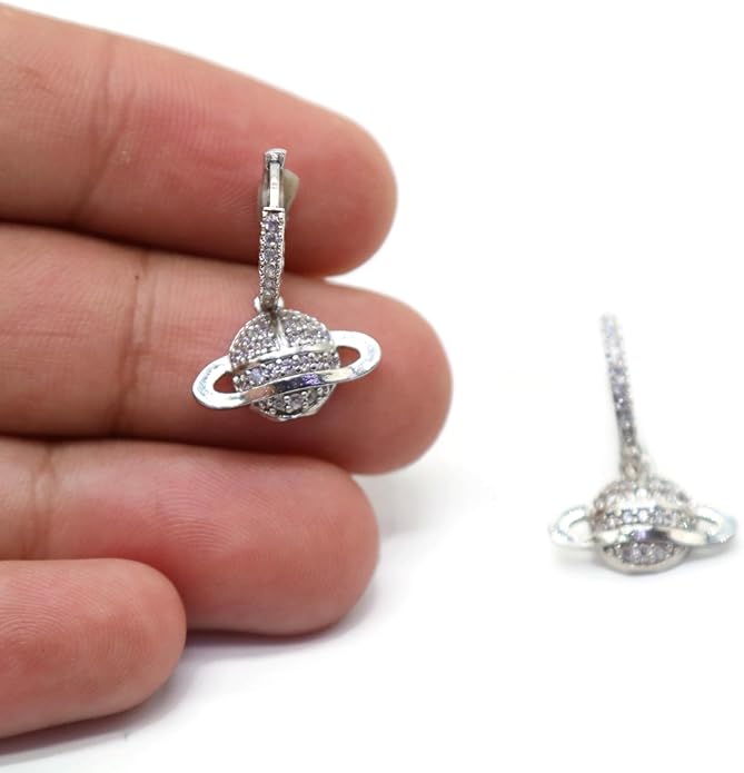 Planet-Inspired Dangle Hoop Earrings for Women – Crystal-Encrusted Saturn Design, 25mm Drop Length, 23mm Wide.KT0010