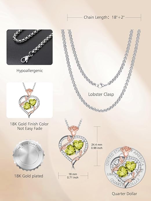Christmas Gifts for Women Rose Heart Birthstone Pendant Necklace I Love You Forever Jewelry Valentine Mothers Day Birthday Gifts for Women Her Wife Girlfriend