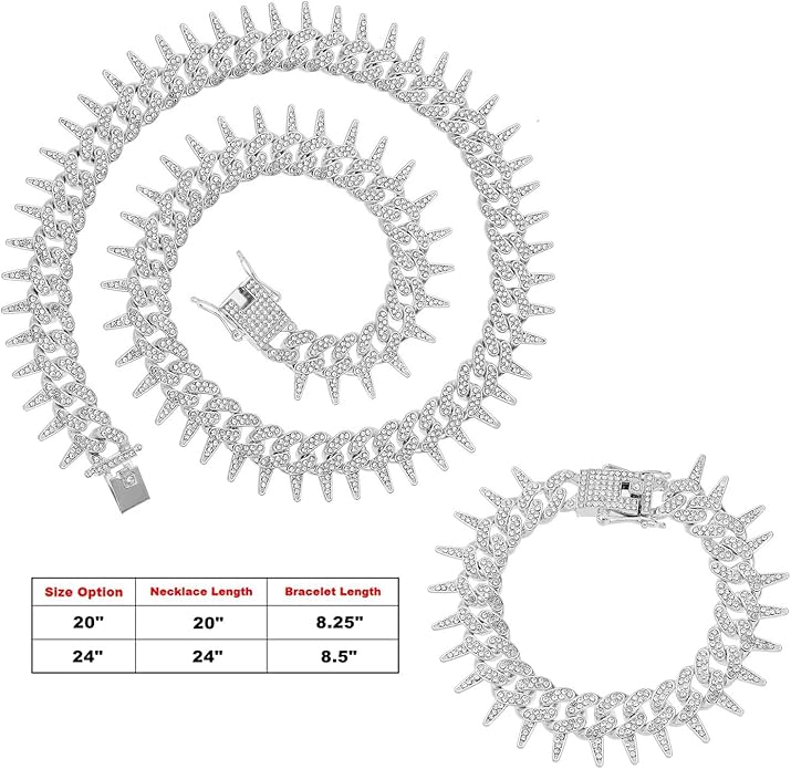 HH BLING EMPIRE Mens Gold Silver Plated Spike Cuban Link Chain Necklace and Bracelet Sets, Chunky Iced Out Diamond Miami Cuban Link Chains Hip Hop Jewelry
