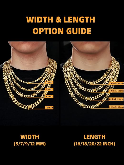 Bestyle Barbed Wire Necklace 5/7/9/12mm Mens Chain Necklaces Hip-hop Punk Gothic Stainless Steel Chain Heavy Thick Cuban Link Chain for Men Women, Length 16/18/20 Inch