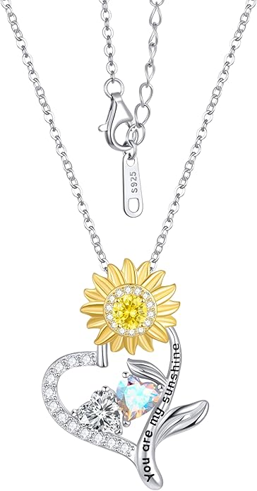 PERJI Valentine's Day Gifts for Women - 925 Sterling Silver Double Birthstone Sunflower Necklace, Anniversary Birthday Jewelry You are My Sunshine Gifts for Wife Couple Girlfriend 18"+2" Non Tarnish