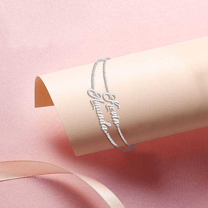LucySky Custom Bracelets with 2 Names for Women, 925 Sterling Silver Adjustable Personalized Name Anklet, Custom Bracelets Summer Beach Jewelry Dainty Gifts for Wife, Sister, Friends