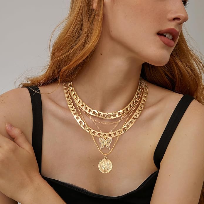 MJartoria Layered Necklaces for Women Trendy Retro Coin Pendant Necklace Dainty Chunky Chain Choker Necklaces for Jewelry Birthday Gifts