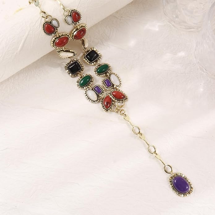 Vintage Bohemia Necklace Golden Charm Gemstone Necklace for Women Long Pendant Jewelry