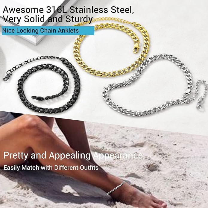 PROSTEEL Stainless Steel Chain Anklets for Women, Silver/Gold Tone, Ankle Bracelets Hypoallergenic, 8-10.5 Inch Adjustable, Come with Box