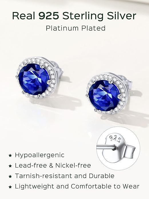 ChicSilver 925 Sterling Silver Birthstone Earrings for Women, 8MM/2 Carat Heart & Round Cubic Zirconia Stud Earrings, Hypoallergenic Jewelry, Ideal Birthday or Christmas Gifts
