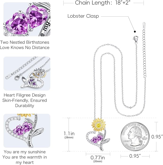 PERJI Valentine's Day Gifts for Women - 925 Sterling Silver Double Birthstone Sunflower Necklace, Anniversary Birthday Jewelry You are My Sunshine Gifts for Wife Couple Girlfriend 18"+2" Non Tarnish
