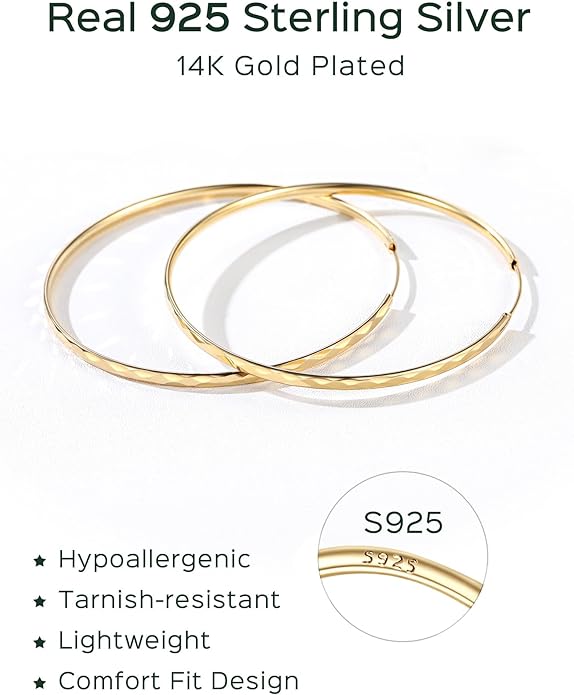 ChicSilver Hypoallergenic 925 Sterling Silver Hoop Earrings for Women, Lightweight Large Gold Plated Hoop Earrings, Endless Hoops Huggie Earrings 15/20/30/50/70MM